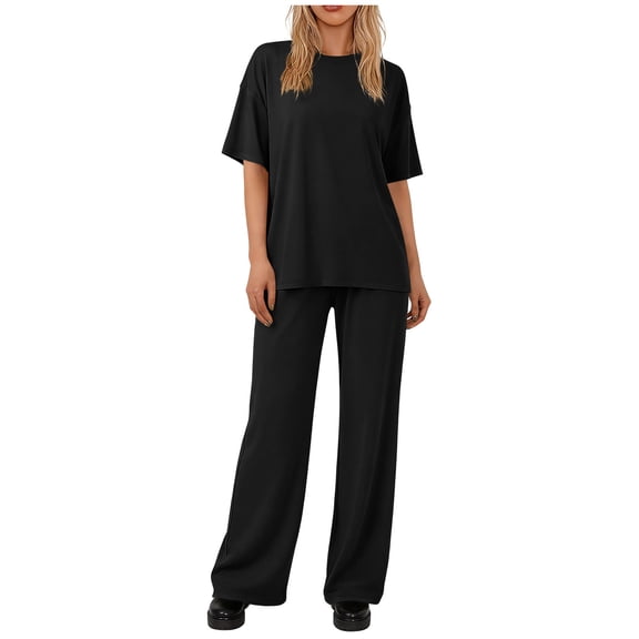 Zynoxe Summer Sets for Women Comfortable Round Neck Short Sleeve Top Long Pant Suit Relaxed Fit Womens Sets 2 Piece Outfits Versatile Casual Solid Color Loungewear Set S