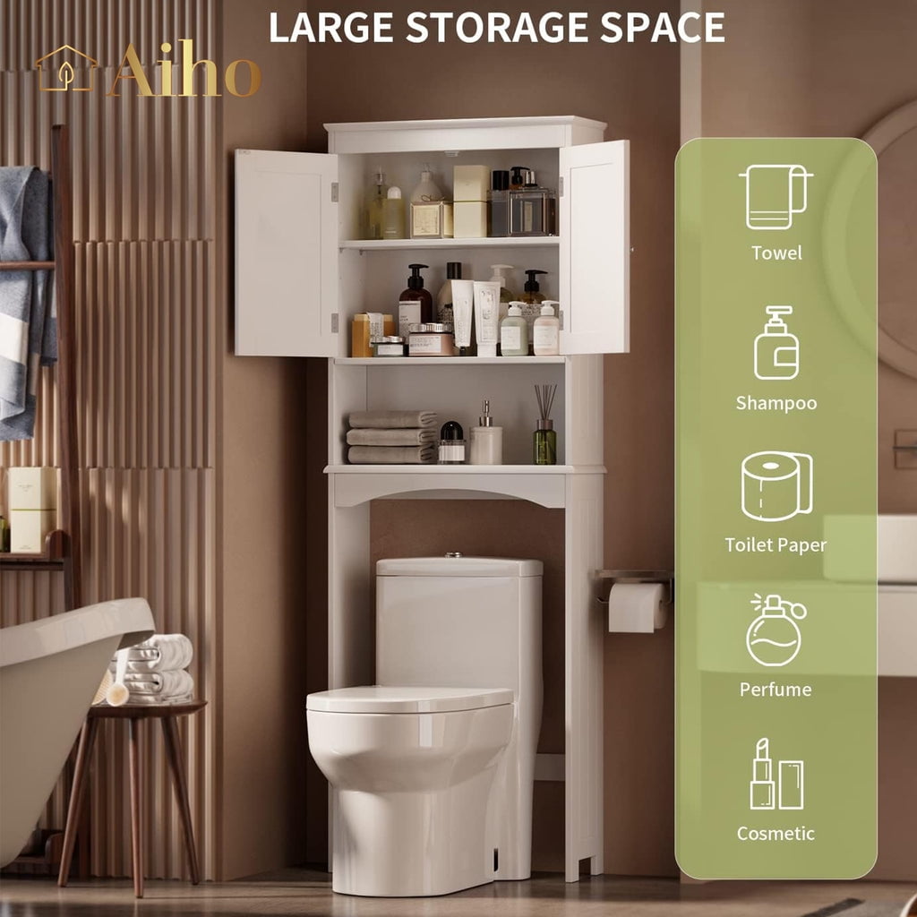 Aiho 66.1" over the Toilet Storage Cabinet with Adjustable Shelf and Open Storage Shelf, Freestanding - White