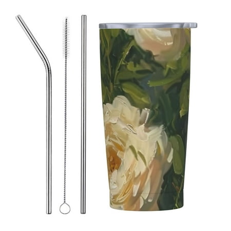 

Impressionistic-style painting of pale roses with foliage 20 oz insulated cup stainless steel travel cup with lid and straw leak proof portable coffee cup car camping outdoor insulated cup