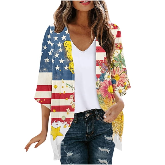 Guluxicc Women 4th of July Kimono Cardigan Open Front Lightweight Boho Beach Cover Up Casual Loose Summer Vacation Cardigans