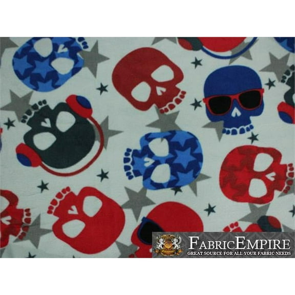 Fleece Fabric Printed ANTI PILL COOL STAR DJ SKULLS BLUE RED