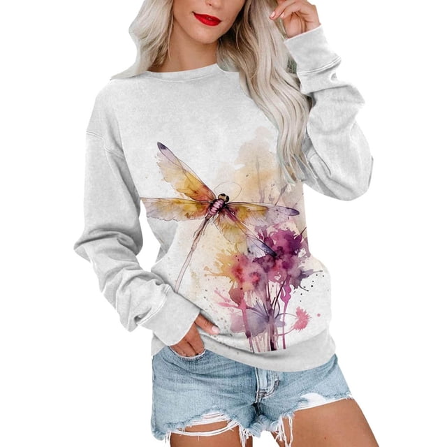 Chemises Confortables pour Femmes Automne Hiver Chandails Chauds Blouse Décontractée à Manches Longues Col Rond Pull Imprimé Pissenlit Tie-Dye Sans Capuche Rouge S