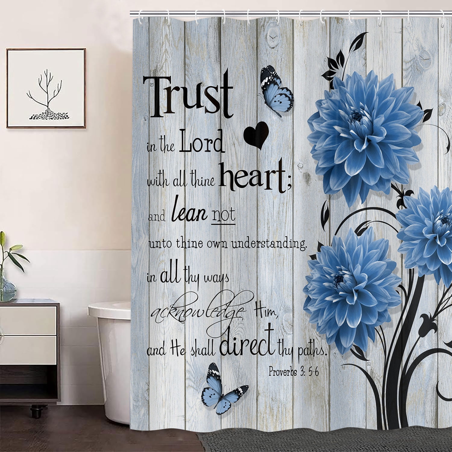 Farmhouse Flower Butterfly Bathroom Curtain, Rustic Blue Floral Dahlia Wooden Shower Curtain, Inspirational Quote Bath Curtain, Washable Fabric Shower Curtain Set with Hooks 72X84in