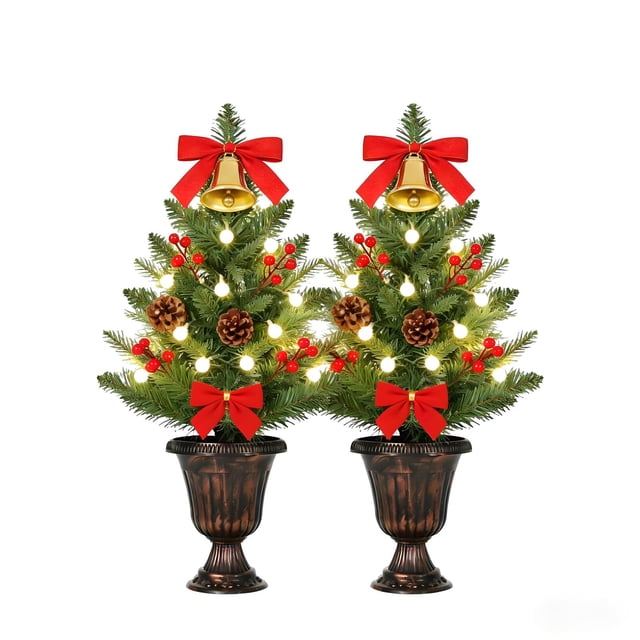 Mini Sapin de Noël Artificiel de 2 Pi, Mini Sapin de Noël Classique Artificiel Pré-Illuminé avec 40 Lumières DEL, Pommes de Pin et Baies Rouges, Petit Sapin de Noël pour la Maison, le Bureau, Intérieur Extérieur Fête