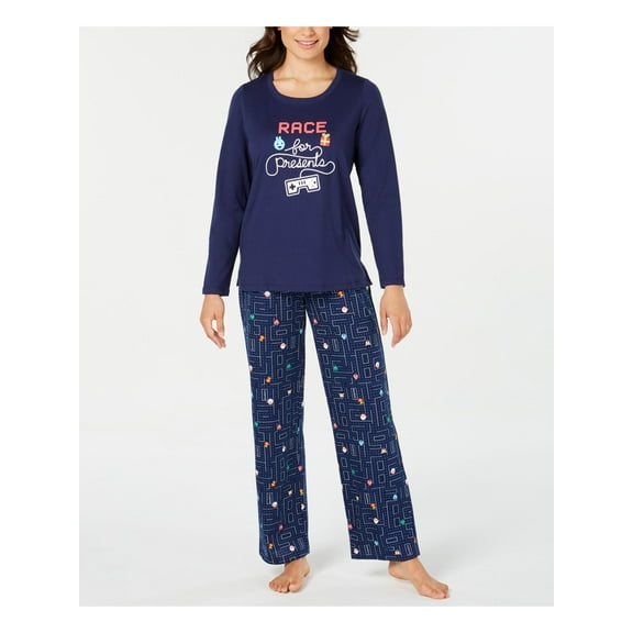 FAMILY PJs Sets Navy Printed Long Sleeve Scoop Neck T-Shirt Straight leg Sleepwear Size L