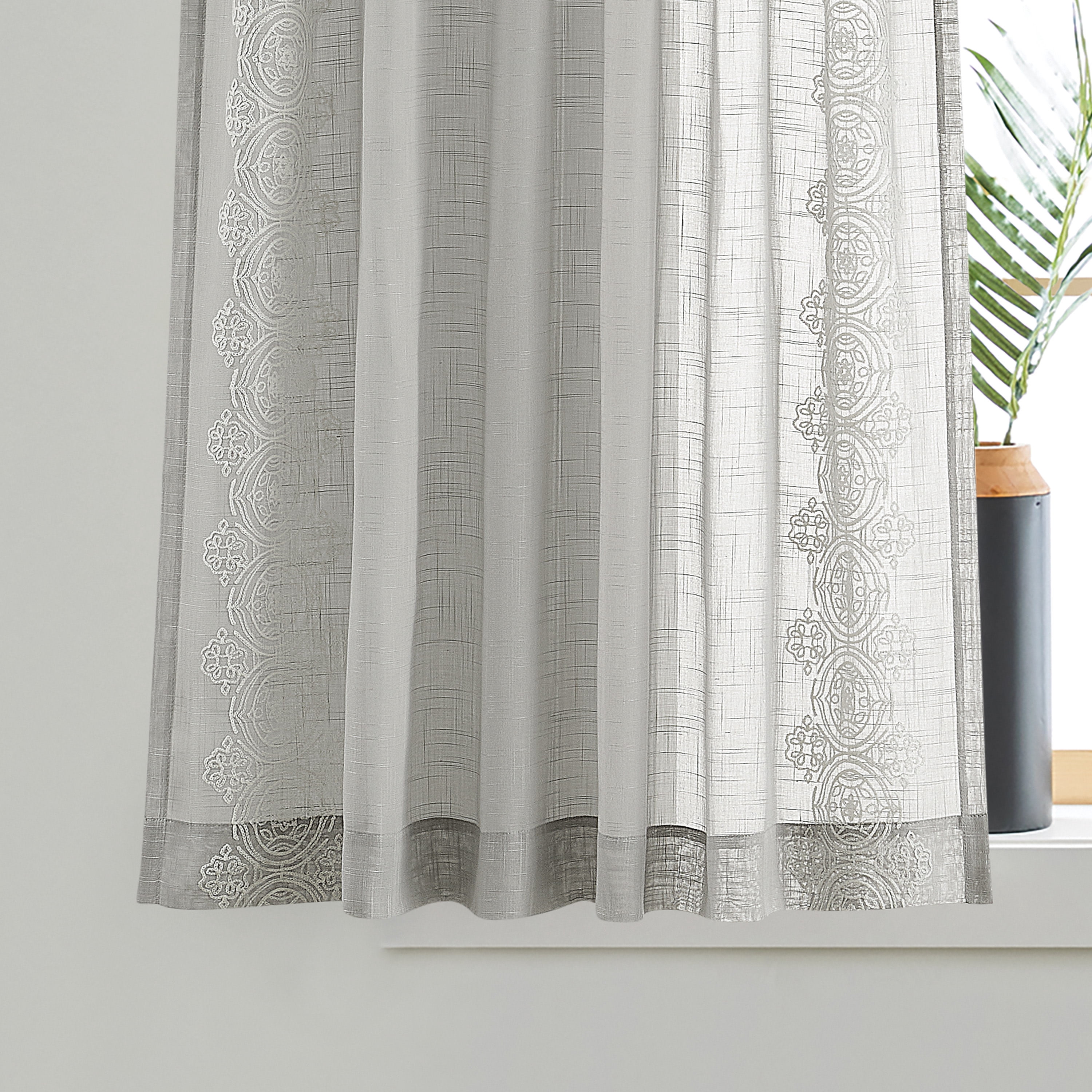 Better Homes & Gardens Embroidered Border Curtain Single Panel, Indoor, Rod Pocket/Back Tab, Soft Silver, 50" W x 63" L, Adult