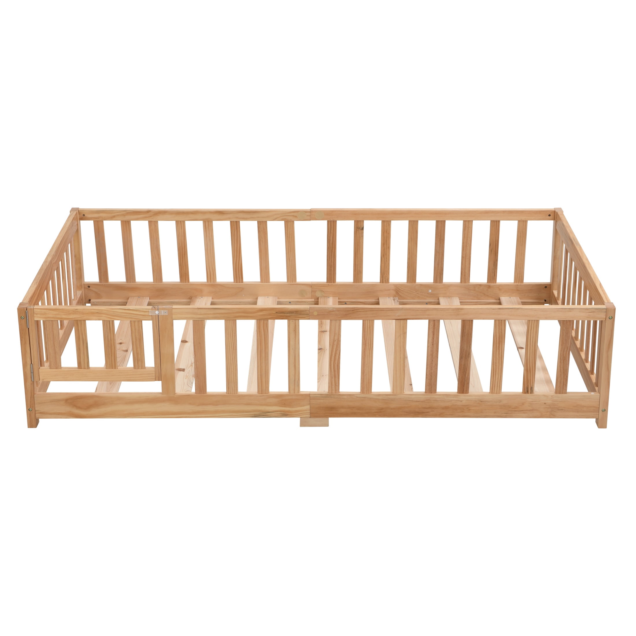 Full Size Bed Frame with Door and Fence,Montessori Bed with Guardrails and Solid Slats,Solid Wood Platform Full Bed Frame for Girls and Boys,77.8"x57.1"x17.5",Natural