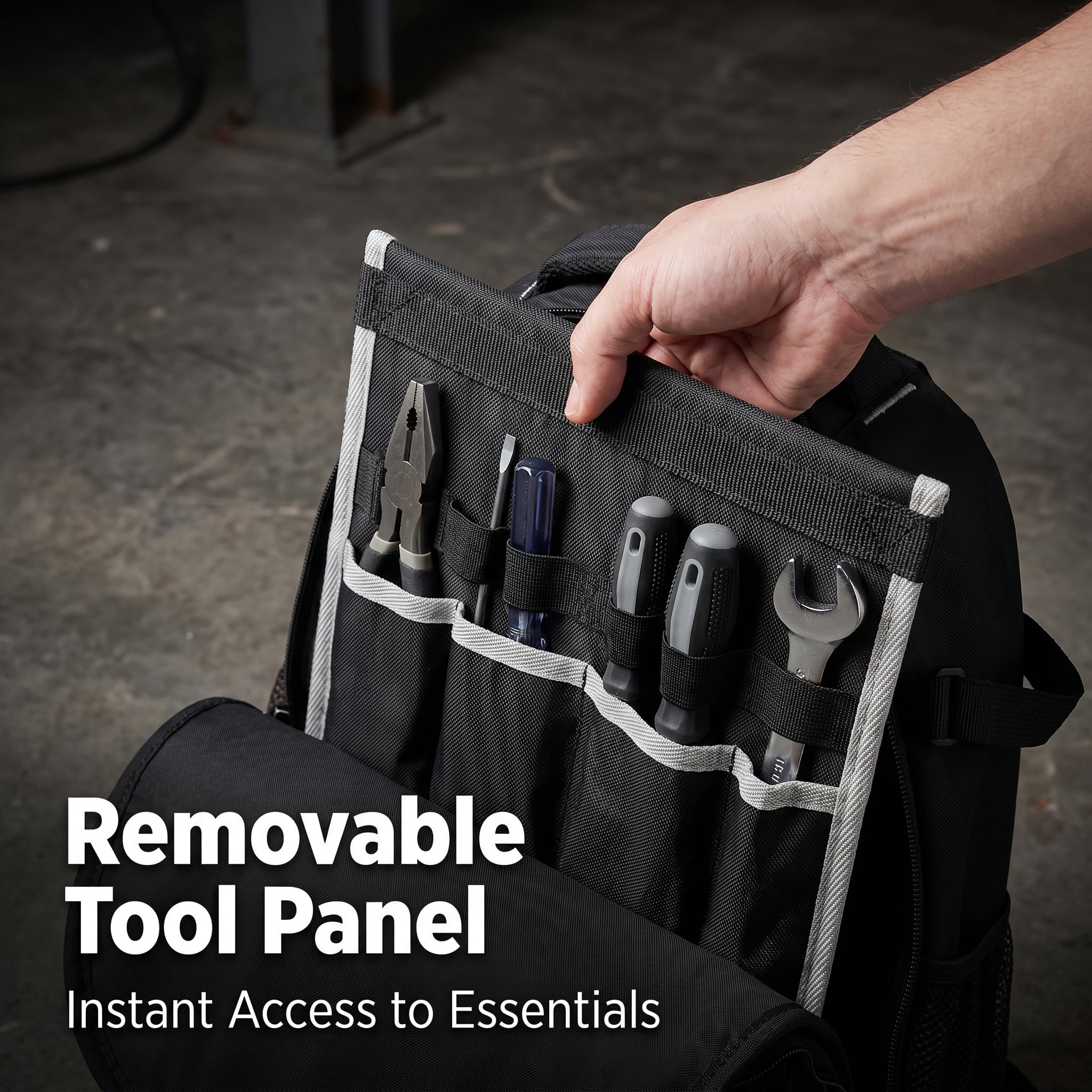 Tool Backpack, Heavy Duty Oxford Cloth Tool Bag, 25kg Load Capacity, Detachable Tool Organizer, Laptop Compartment, Padded Back, Multiple Pockets, Black/Gray, 14.5 x 7 x 18.9 in