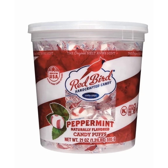 Red Bird Soft Peppermint Candy Puffs, Pure Cane Sugar, Gluten Free, Individually Wrapped, 21 oz Tub