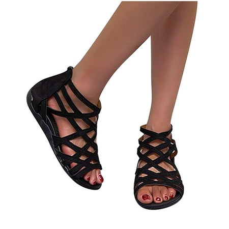 

Gladiator Sandals for Women Flat Sandal Summer Casual Open Toe Strappy Wide Width Sandals Zip Up Metal Buckle Sandal