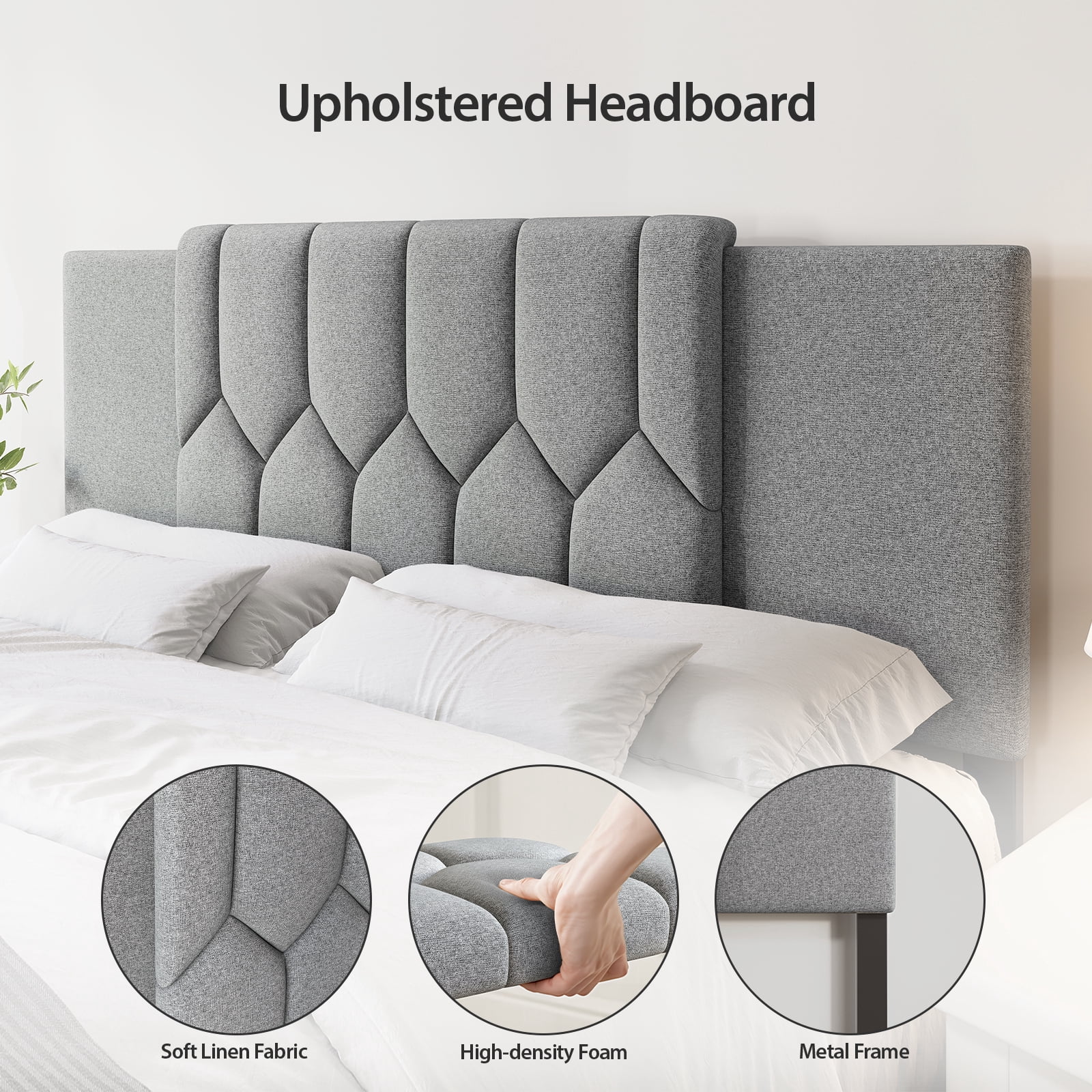 Vefurn Adjustable Upholstered Tufted Headboard for King Beds, Padded Linen, Grey