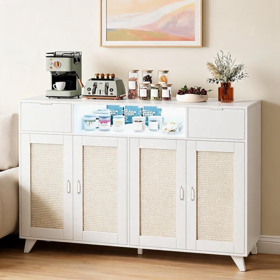Sideboard Buffet Cabinet with Power Outlet & LED Light, Rattan Storage Cabinet with 4 Doors & 2 Drawers, Coffee Bar Console Table with Adjustable Shelves for Kitchen Dining Room Living Room Hallway