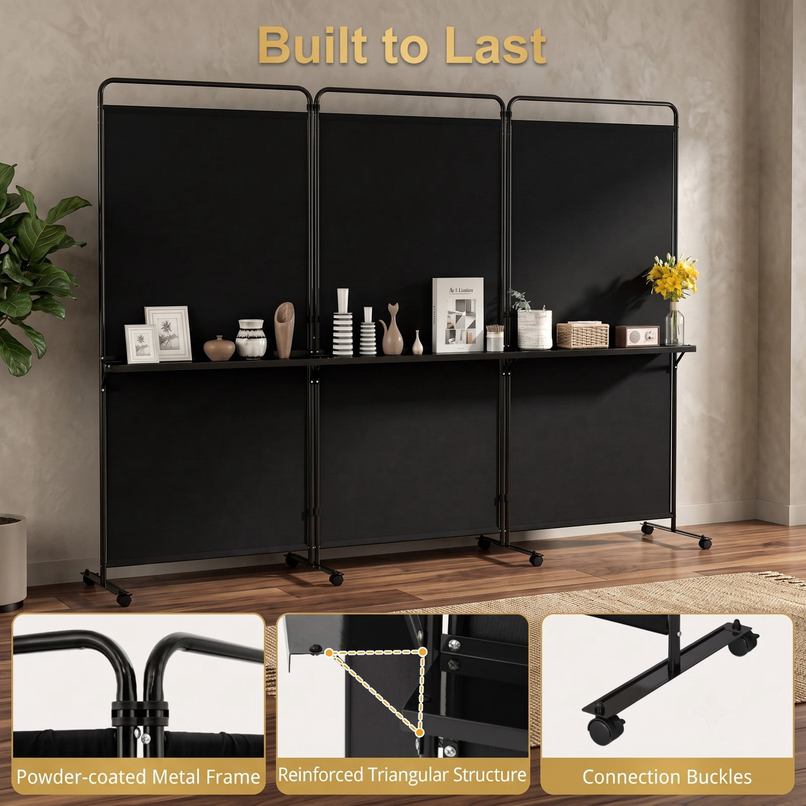 ALPULON 3-Panel Room Divider with 3 Shelves, 6 FT Tall Folding Privacy Screen Freestanding Partition with Lockable Wheels for Living Room Bedroom Office, Black