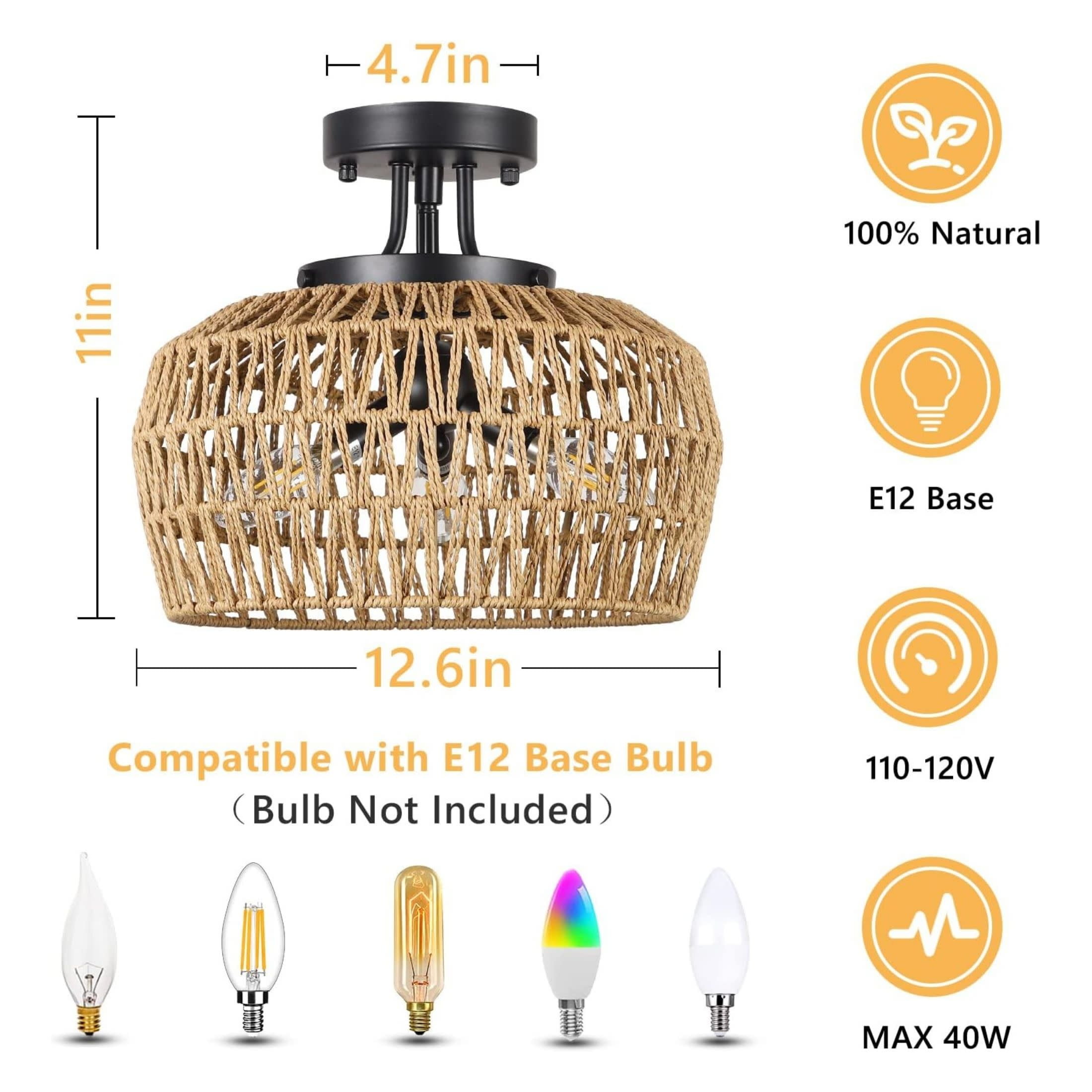 Noble House 12.6" Boho Rattan Semi Flush Ceiling Light, Natural 3-Light Wicker Close to Ceiling Fixture, Brown