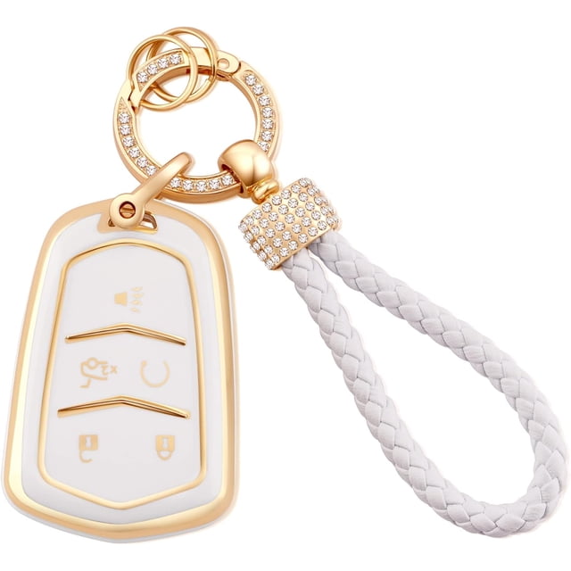 LAICAIW for Cadillac Key Fob Cover, 5 Buttons Soft TPU Full Covers Protector White Key Fob Cover with Keychains Fit for Cadillac Escalade CTS SRX XT5 ATS CT6 XTS Remote Start Key Fob Case(Ca-DLC)