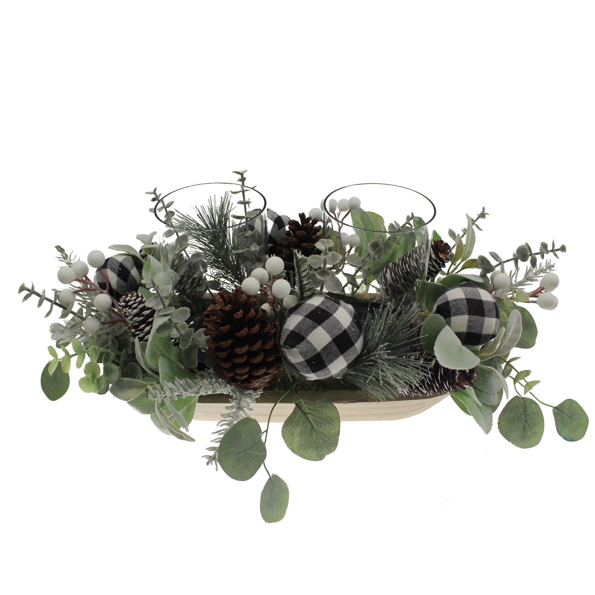 Holiday Time Christmas Ribbon Orbs & Pine Hurricane Centerpiece, Black & White