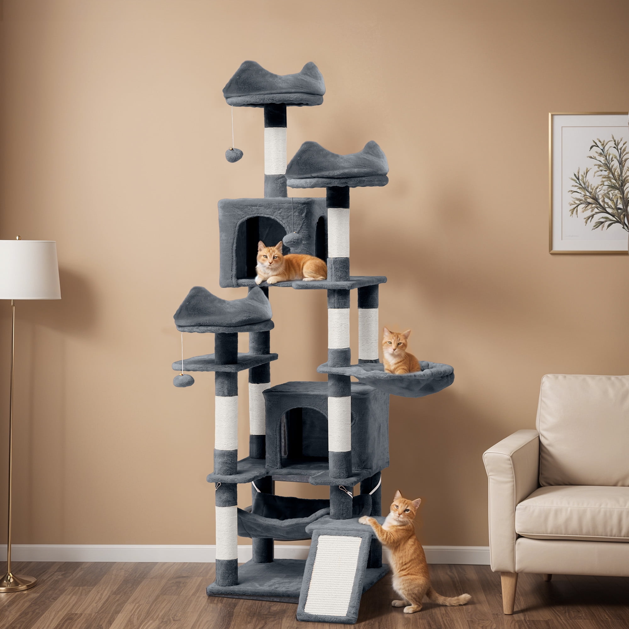 Uforic Large Cat Tree, Multi-Level Tower Condos with Scratch Posts, Cozy Basket Hammocks, Top Perches, Sisal Ramp, Pet Play House, 75in