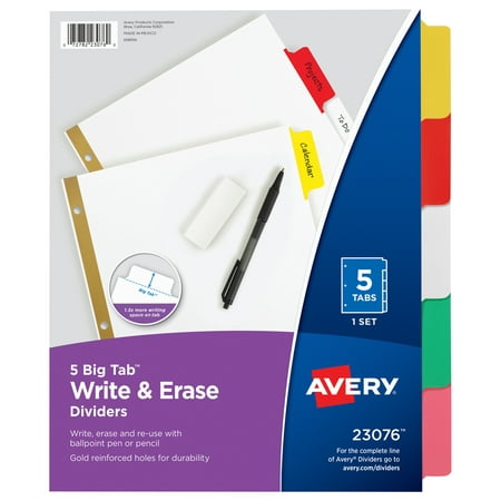 UPC: 0072782230760 | Avery Big Tab Write & Erase Dividers  5 Multicolor Tabs  1 Set (23076)