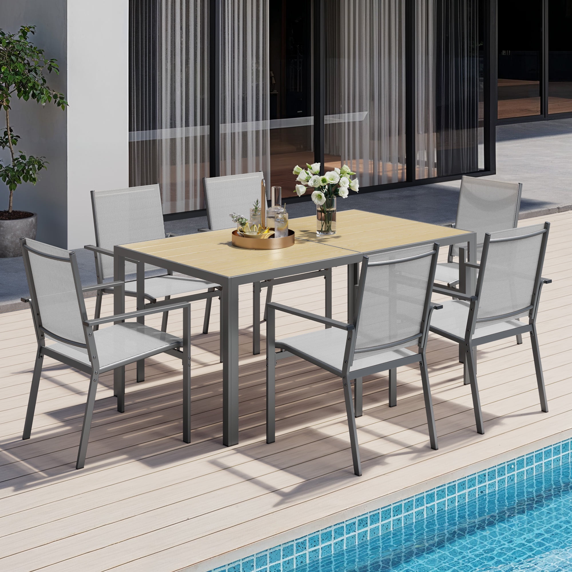 Patio Dining sets for 6, Noelse Outdoor Dining Set includes 59.5" Rectangle Table with Side Umbrella Hole and 6 Textilene Patio Chairs for Backyard, Gray