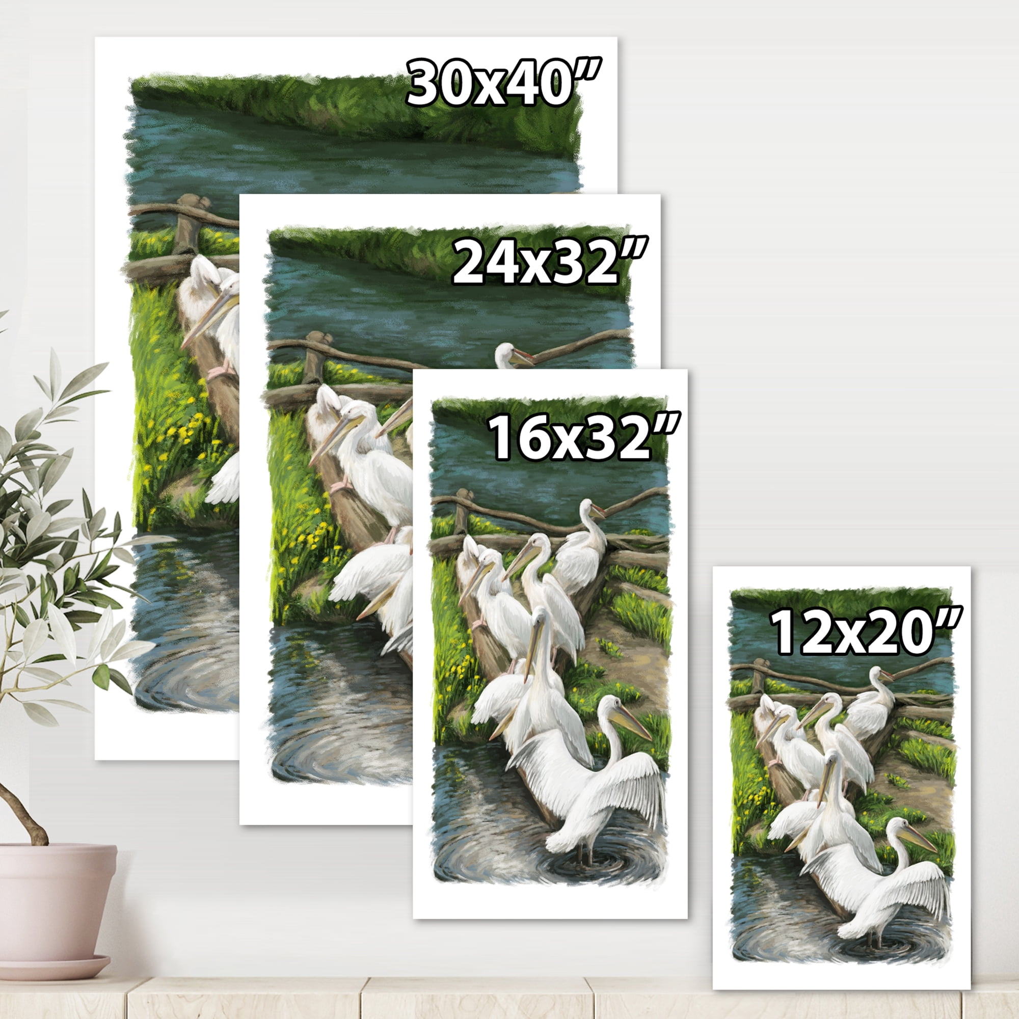 Designart ' Pelicans Resting Near The river Water ' Traditional Canvas Wall Art Print