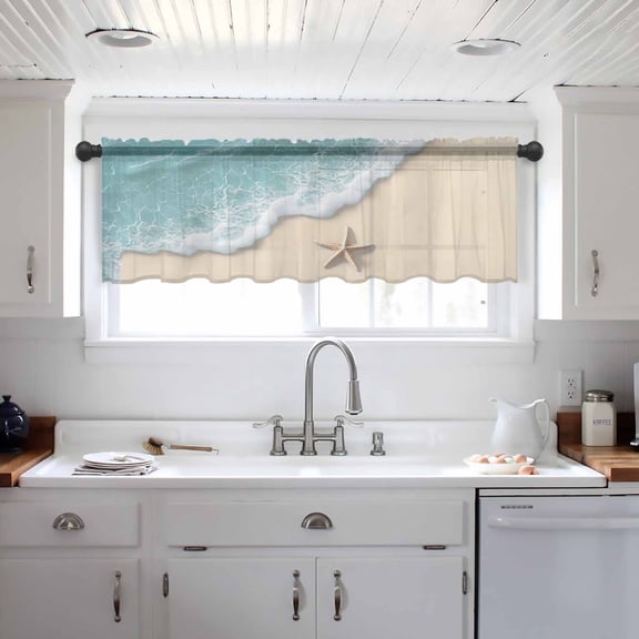 Beach Coastal Valance Curtains for Kitchen/Living Room/Bathroom/Bedroom Window, Summer Nautical Starfish Aqua Beige Rod Pocket Small Topper Half Short Window Curtains Voile Sheer Scarf 60"x18"