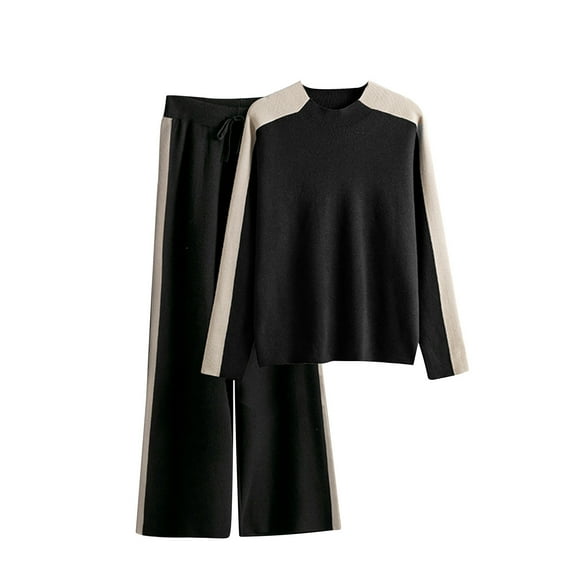 MIUOWANP Two piece Sets for Women Women's Casual Half High Necked Sweater And Pants Contrasting Color Patchwork Fashion Long Sleeved Round Neck Tops Set Suit