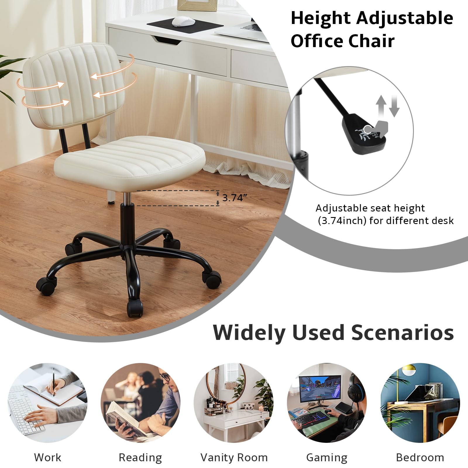 edx Adjustable Height Armless Office Desk Chair with Wheels, PU Leather Mid Back 360°Swivel Small Computer Chair, Modern Task Chair for Home Office Reading Meeting Room, White
