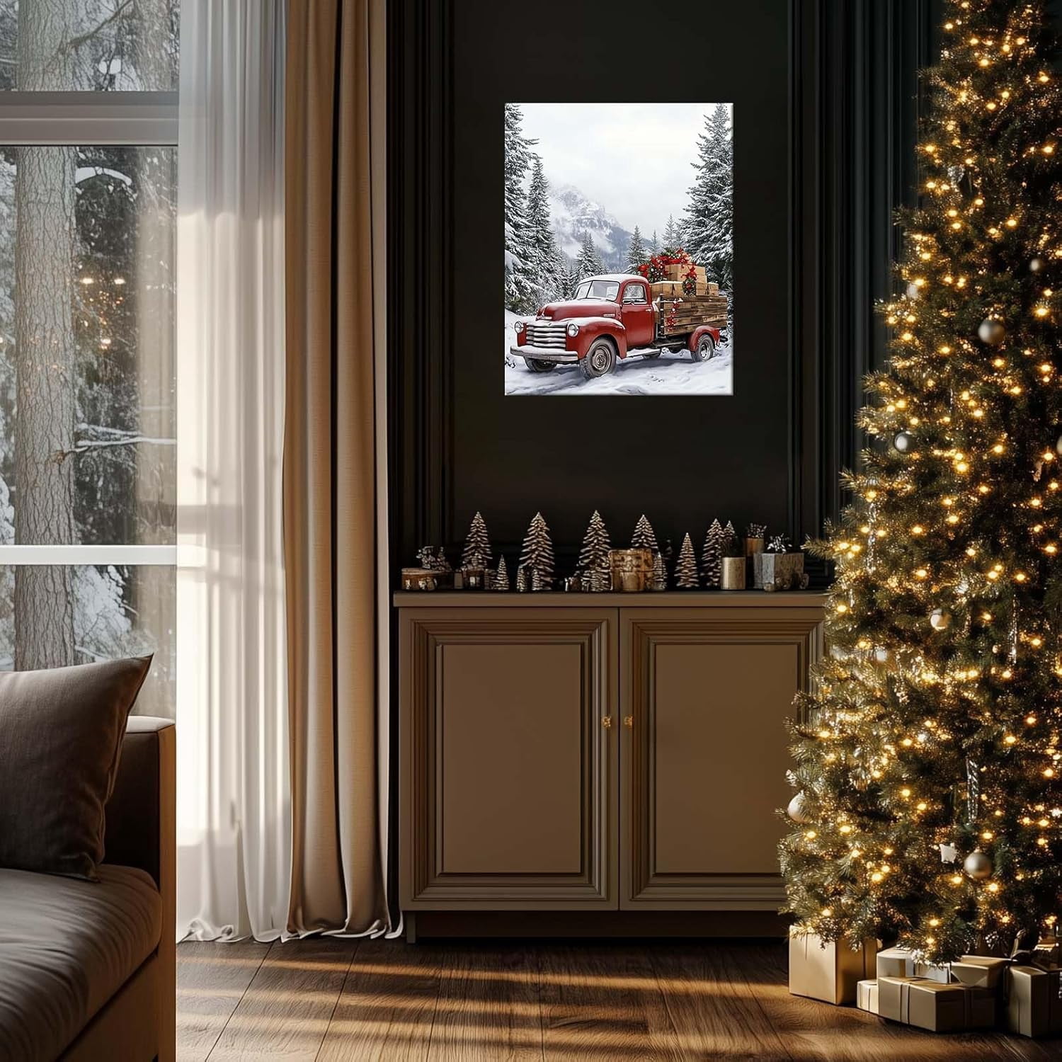 Christmas Canvas Wall Art Decor with Truck on Snowy Road, Gifts and Snow-Covered Pines, Holiday Canvas Print for Living Room and Bedroom, Festive Fixed Canvas for Winter Home Décor,24X30inch