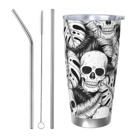 

Zeuib Skull and palm leaves Printed 20oz Stainless Steel Insulated Car Cup Stainless Steel Thermal Cup Vacuum Insulated Leak-proof Travel Mug Cup-Straw Three-piece Set