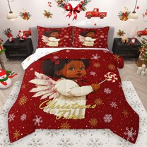 Homewish Black Girl Angel 3-Piece Full Size Comforter Sets for Teens Children Kids,Merry Christmas Bedding Comforter Set,Xmas Snowflake Lightweight Bedding Sets,Super Cozy Room Decor,Reversible