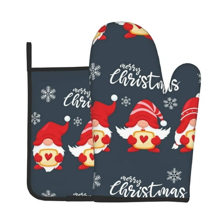 

Junzan Three Cute Christmas Gnomes Pattern Oven Mitts and Pot Holders 2 pcs Set Potholders BBQ Gloves Long Kitchen Oven Glove for Cooking Baking Grilling (2-Piece Set 11 Inch)