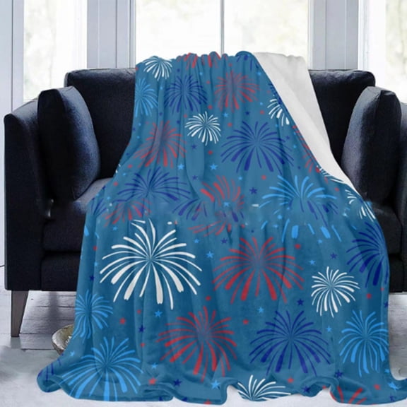 Hovilon Independence Day Flannel Blanket - 4th of July Throw Red White Blue Fireworks Print Soft Lightweight Lap Blanket for Sofa Bed AC Nap Travel Outdoor Picnic Memorial Day Decor Gift