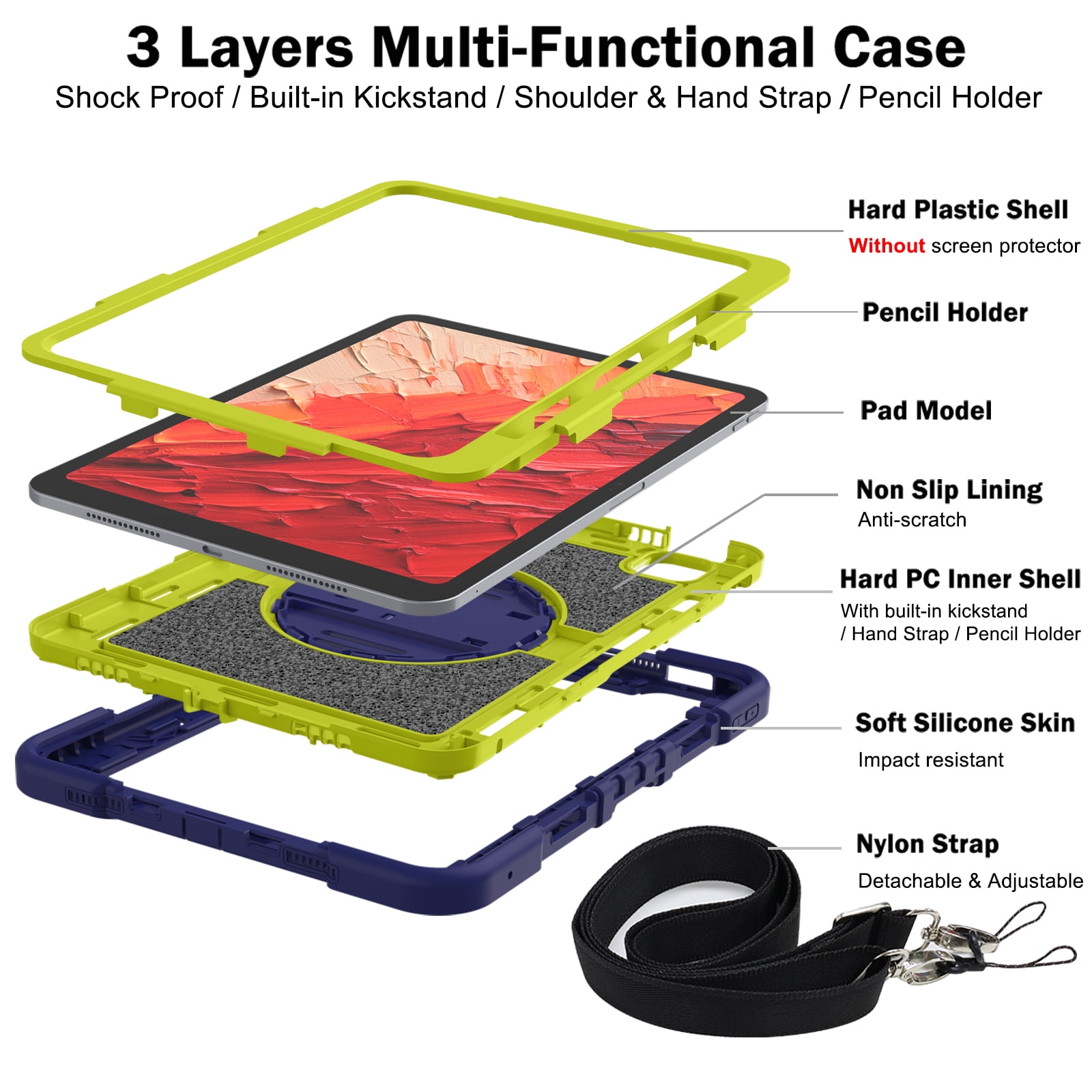 ELEHOLD 3-Layer Shockproof Case For iPad 8th/7th Generation, Rugged Cover with 360° Rotating Kickstand, Wrist Strap, Detachable Shoulder Strap, Pencil Holder, Navy Blue+Green