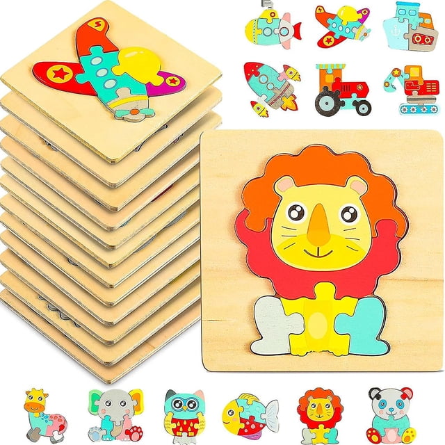 12 piezas de rompecabezas de madera para niños pequeños, incluye 6 rompecabezas de vehículos de madera y 6 rompecabezas de animales Juguetes educativos de aprendizaje para edades de 1 a 3 añ