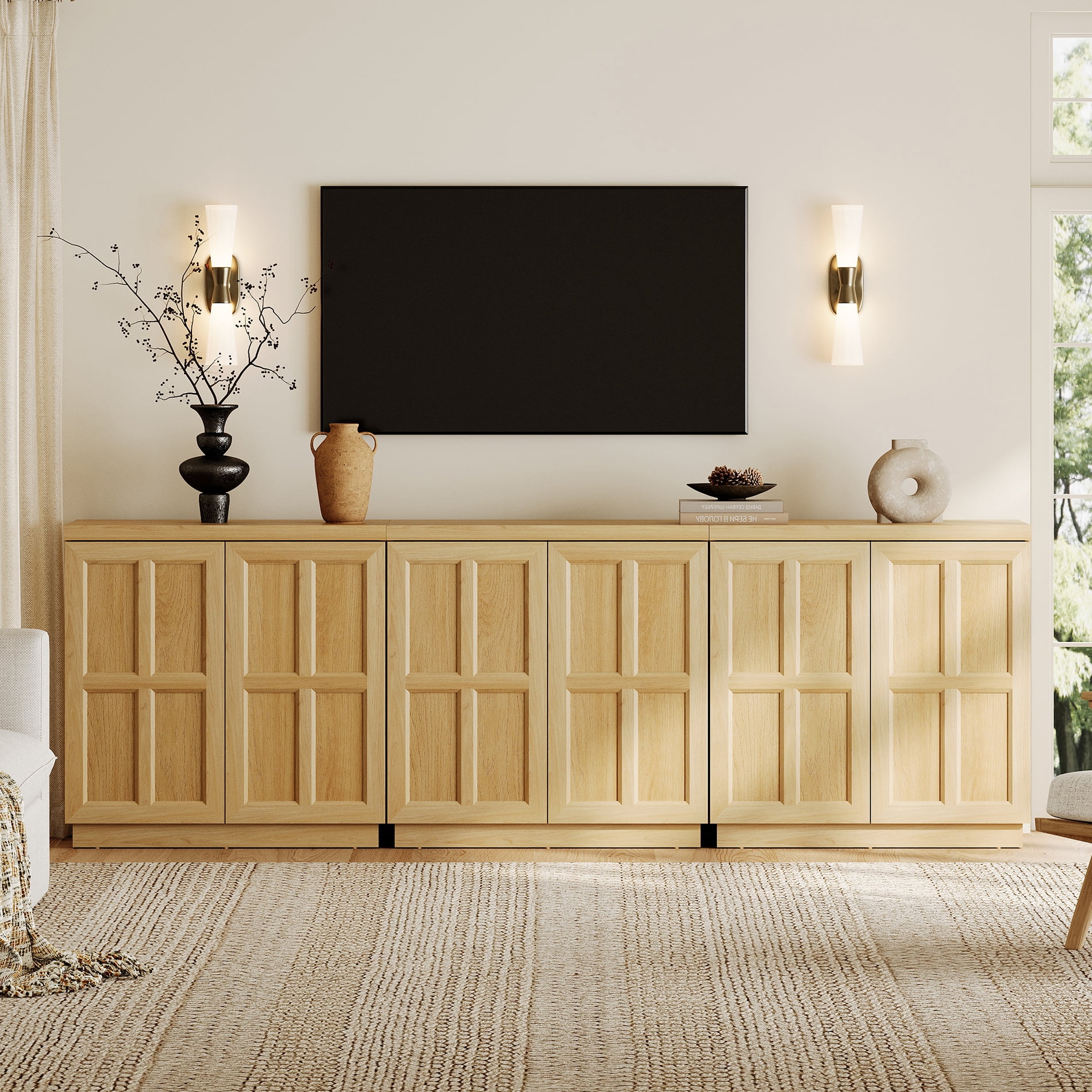HOMOOI TV Stand for 70-100"TV, Boho 94.5" Wood Media Console with Doors, Adjustable Shelves and Cable Management Hole, Heavy-Duty Entertainment Center for Living Room, Bedroom,Oak