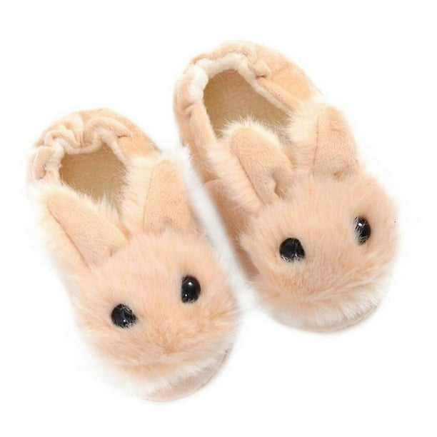 Children Nonslip Slippers with Lovely Rabbit Design for Home Use Beige Short Plush and TPR Size 15/16
