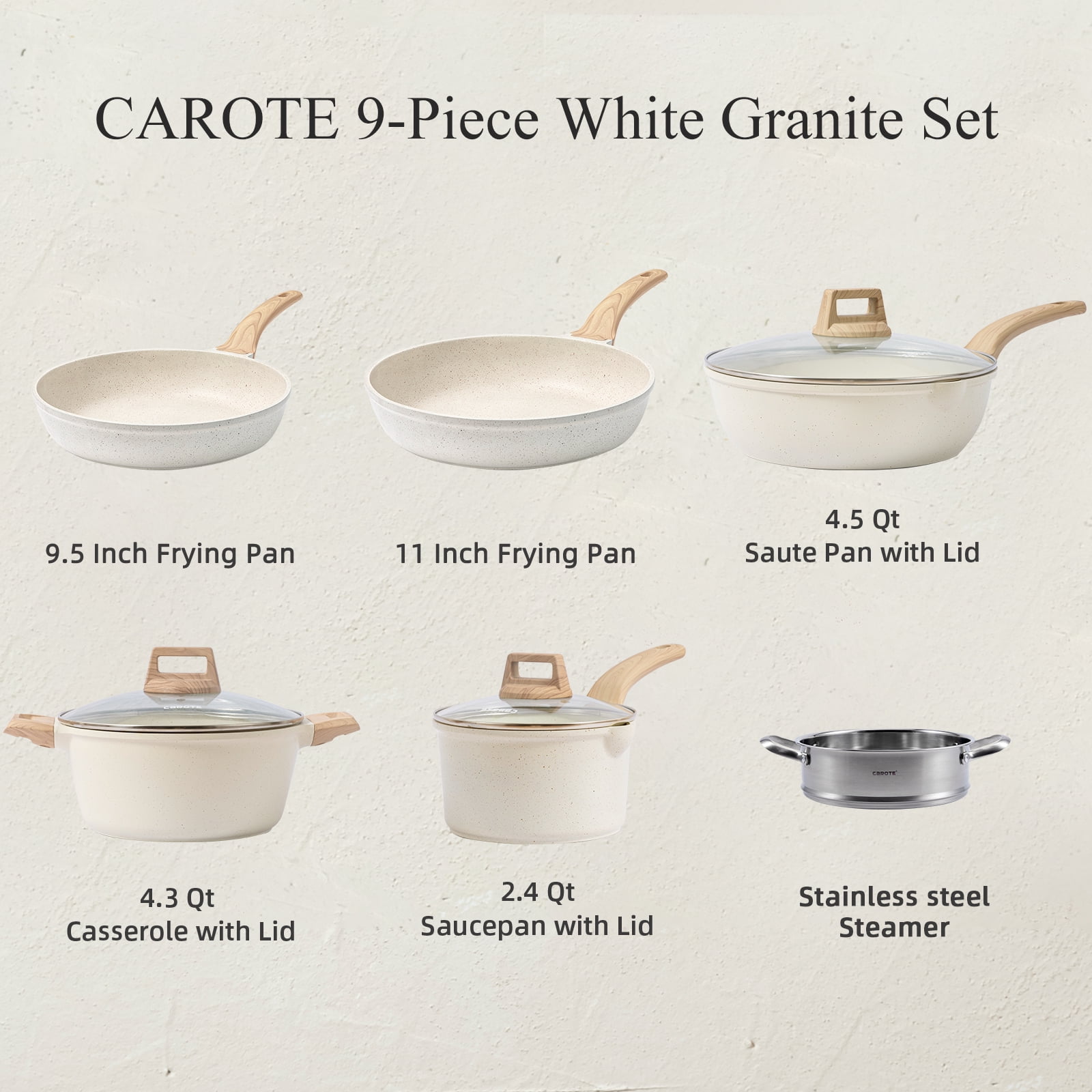 Carote Nonstick Granite Cookware Sets, 10 Pcs Brown Granite Pots and Pans Set, Induction Stone Kitchen Cooking Set, Size: 9.5/11 inch Frying Pan 3.7