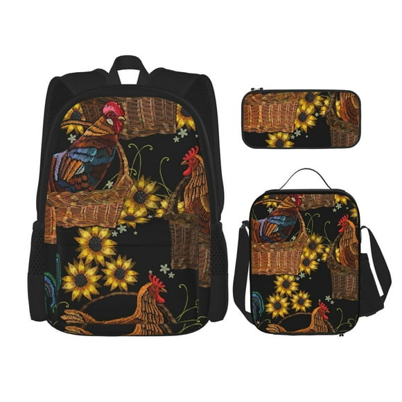 Disketp Embroidery Chicken Rooster Mochila Estampada de Gran Capacidad con Lonchera y Estuche, Set de 3 Piezas para Estudiantes