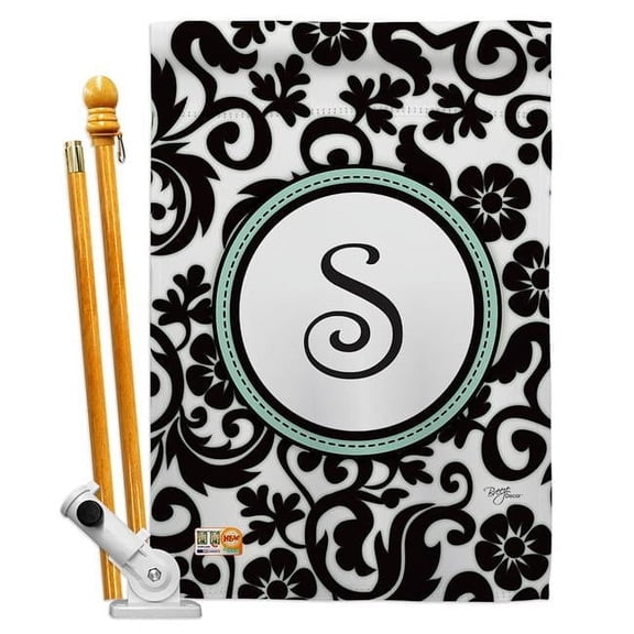 Breeze Decor BD-SB-HS-130071-IP-BO-D-US09-BD 28 x 40 in. Vertical Damask S Initial Interests Simply Beauty Impressions Decorative Double Sided House Flag Set with Pole & Bracket Hardware