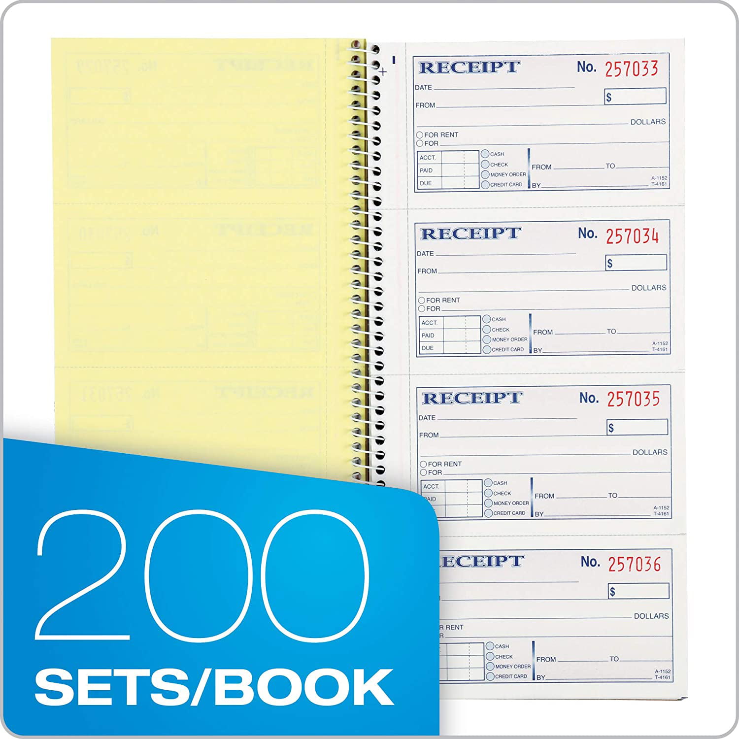Spiral Bound SC1152 2-Part Carbonless 4 Pack Adams Money and Rent Receipt Book 4 Receipts per Page 5-1/4 x 11 200 Sets per Book 