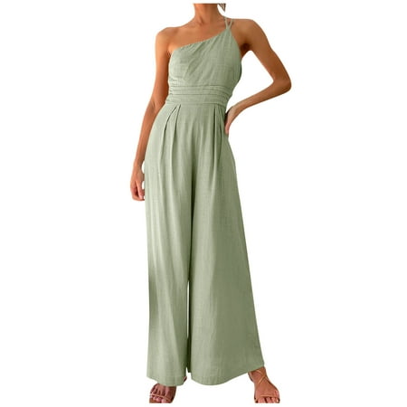 

Womens Summer Cotton And Linen V-neck Jumpsuits Casual Loose Sleeveless Off Shoulder Romper Loungewear Ladies Solid Loose Long Playsuits Rompers Jumpsuit