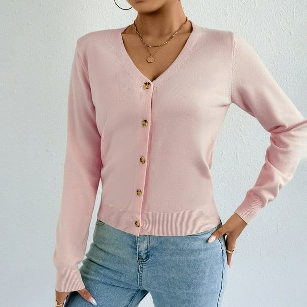 Suéter de cuello en V para mujer, suéter de punto de color liso con cuello en V, cárdigan con botones, blusa para mujer