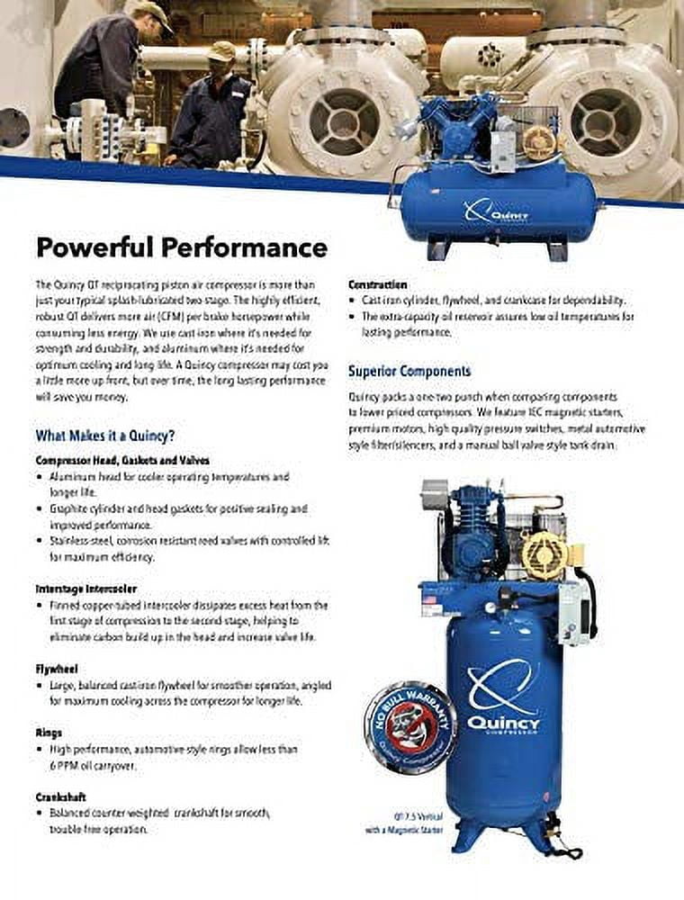 Quincy QT-5 Splash Lubricated Reciprocating Air Compressor with PRO Package, 5 HP, 1 Phase, 80 Gallon Vertical Tank