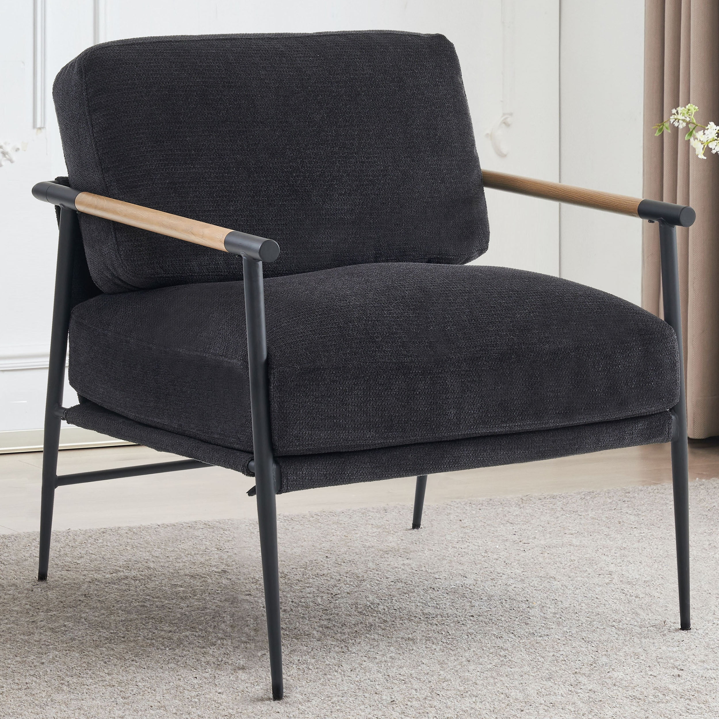 Othniel Black Accent Chair Armchair Chenille Mid Century Modern Accent Chair Metal Leg Comfy Cushion for Living Room