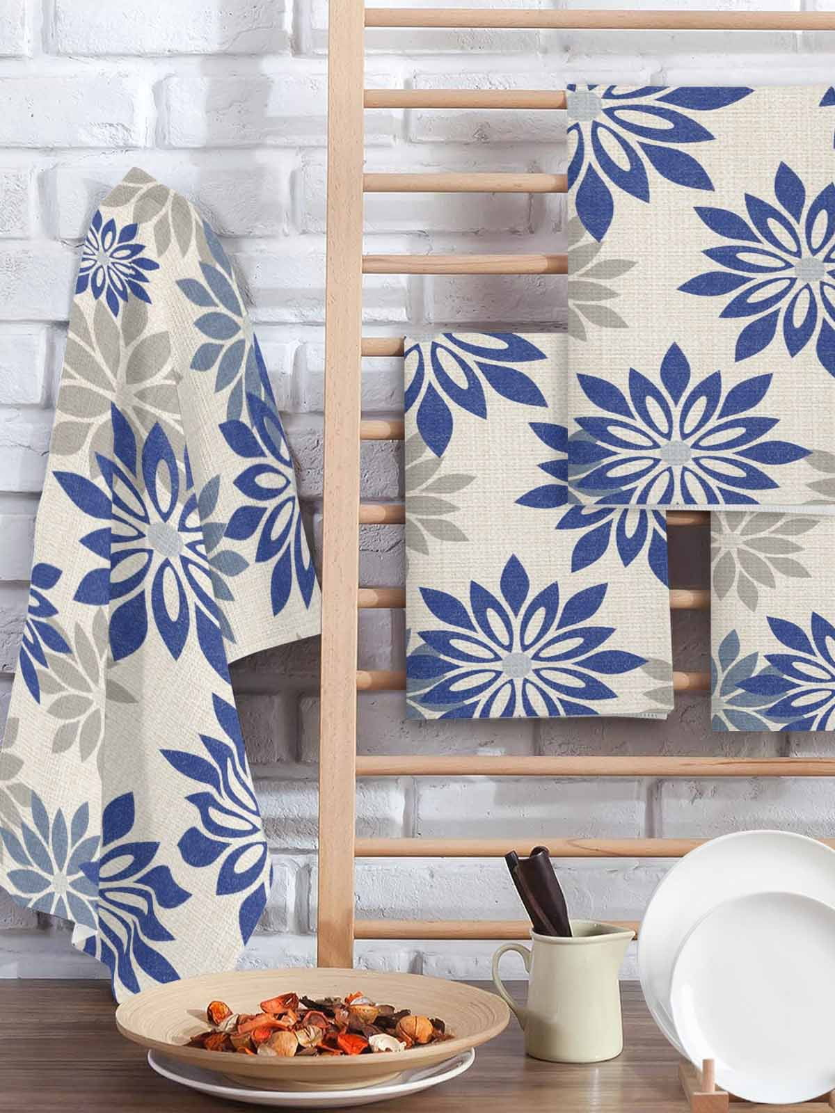 Geometric Flower Kitchen Dish Towels for Drying Dishes Set of 2, Vintage Country Floral Blue Grey on Linen Waffle Weave Microfiber Hand Tea Bathroom Towels Quick Dry & Absorbent Towel 15.7x23.6