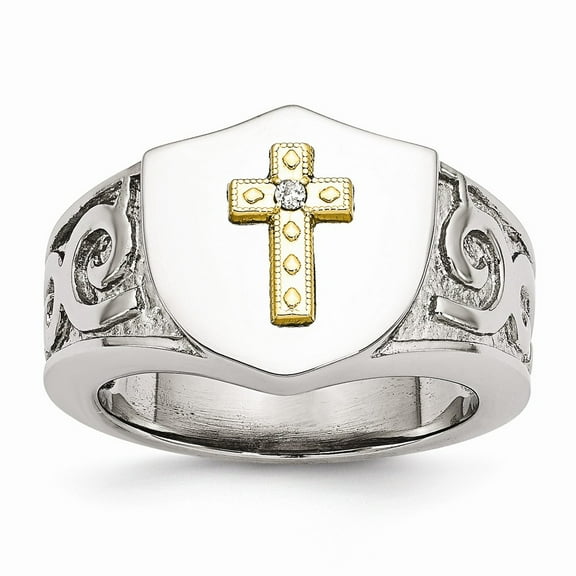 White Stainless Steel Ring Band Men's Diamond with 10K Gold Cross and Polished