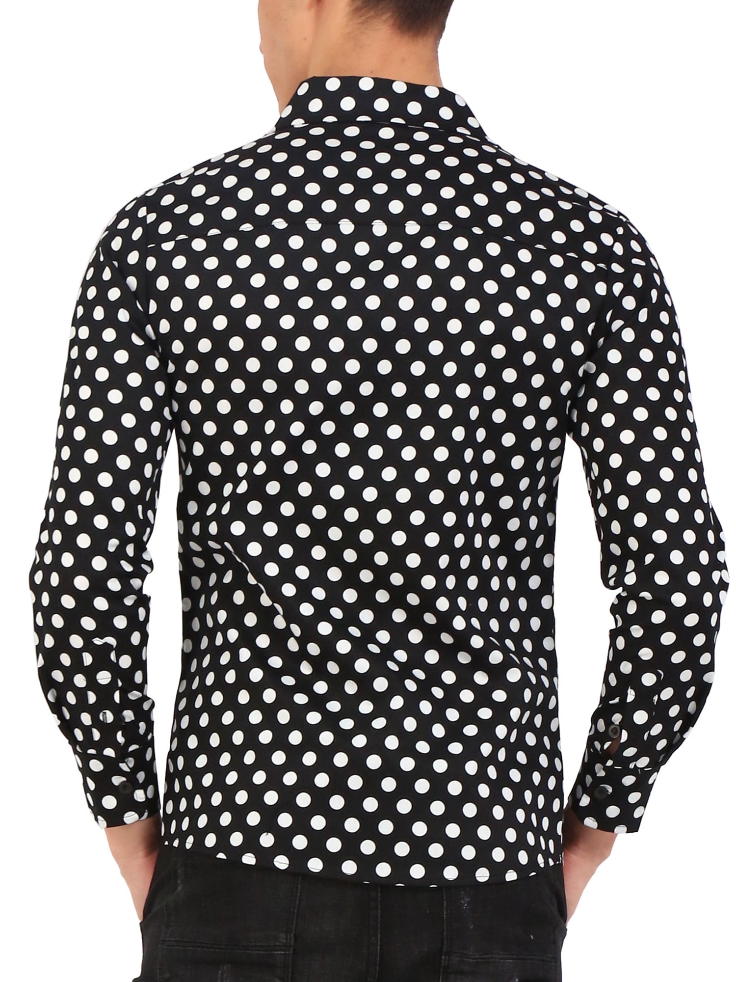 Unique Bargains Men's Long Sleeve Button Slim Polka Dots Shirt 42 Black