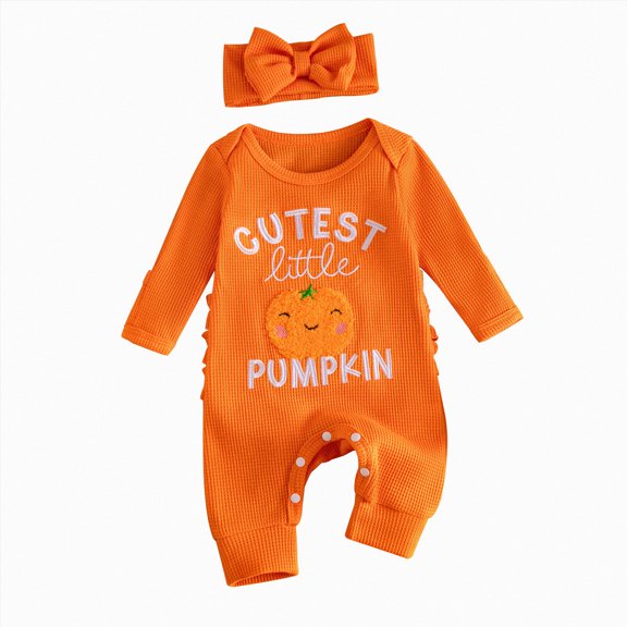 Newborn Baby Girl Halloween Clothes Ghost/Pumpkin Embroidery Jumpsuit Long Sleeve Romper Onesie 3 6 12 18 Months