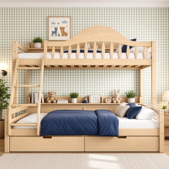 Twin Over Full Bunk Bed with Storage Drawers & Side Shelves, Curved Guardrail, Solid Wood Frame, No Box Spring Needed, Natural