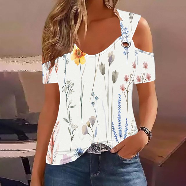 Fiudx Ofertas Flash Del Día Camiseta Sexy de Verano para Mujer, Blusa con Hombros Descubiertos, Cuello En V, Manga Corta, Camisetas Sólidas